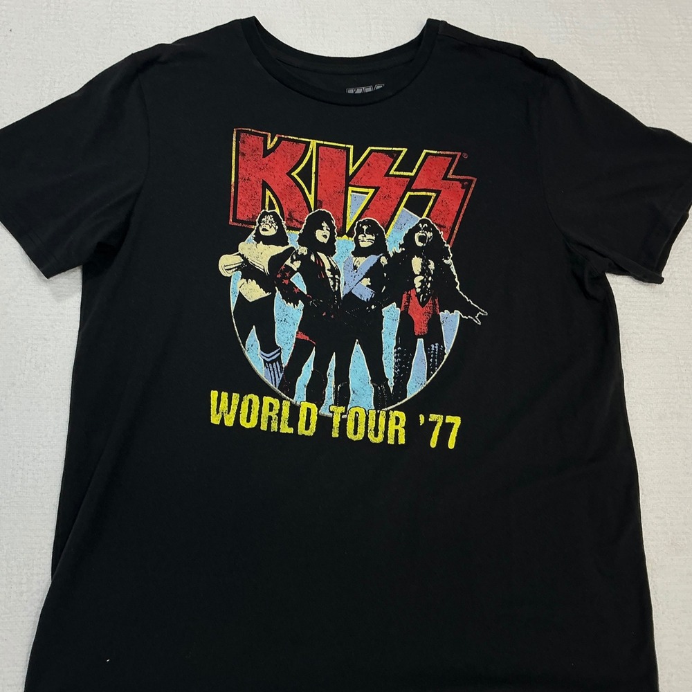 KISS World Tour 77 Band Graphic T-Shirt Mens 2X Black Short Sleeve Rock Tee